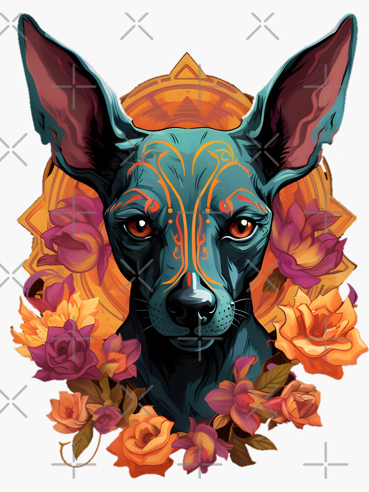 Imagen 3 de 3, Pegatina con la obra Xoloitzcuintli con azules fríos y rojos intensos, diseñada y vendida por InkedBeasts.