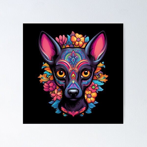 Vista previa del artículo con la obra «Cachorro Xoloitzcuintli al estilo del Día de los Muertos: atrevido y vibrante», diseñado y vendido por InkedBeasts.