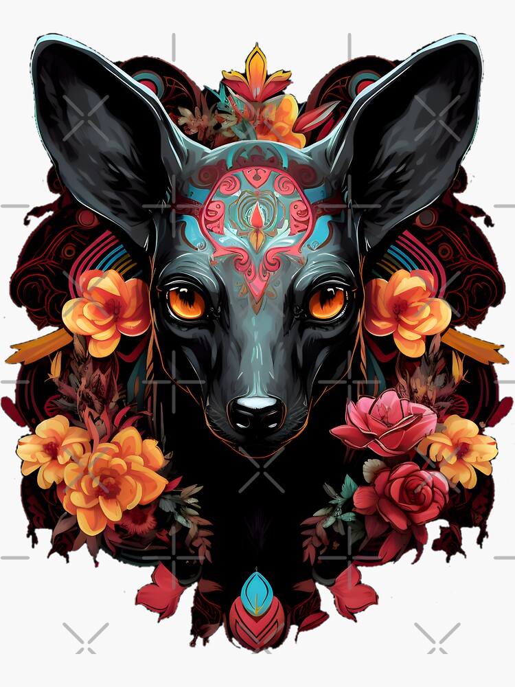 Imagen 3 de 3, Pegatina con la obra Xoloitzcuintli en estilo Día de los Muertos - Contrastes vibrantes, diseñada y vendida por InkedBeasts.