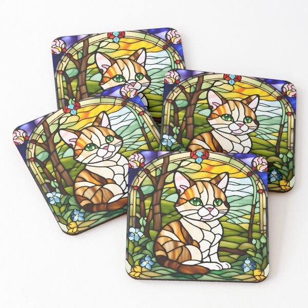 Item preview, Mystical Stained Glass: Adorable Little Yellow Cat in a Garden of Green Grass and Flowers" designed and sold by branaghbel.