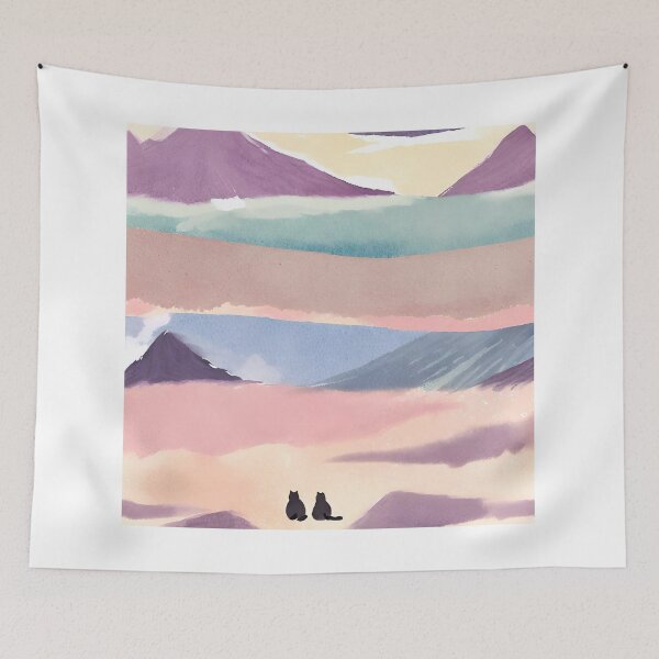 Item preview, A Watercolor-Style Painting of Chill Lazy Cats Surrounded by Mountains designed and sold by teacherpeiyuan.