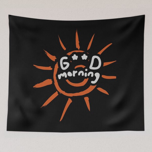 Item preview, Good morning, white handwritten letters, greeting the day, against the background of an orange sun designed and sold by SplashTastic.