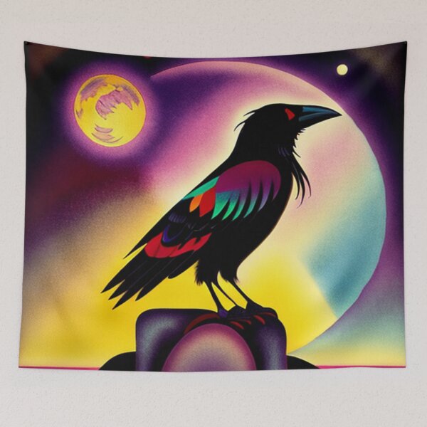 Item preview, black Crow with full moon light vibrant pop art raven bird designed and sold by Meena-tta.