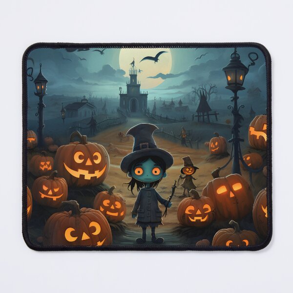 Item preview, A little girl in a witch costume standing in front of a graveyard with pumpkins designed and sold by Nickyayee.