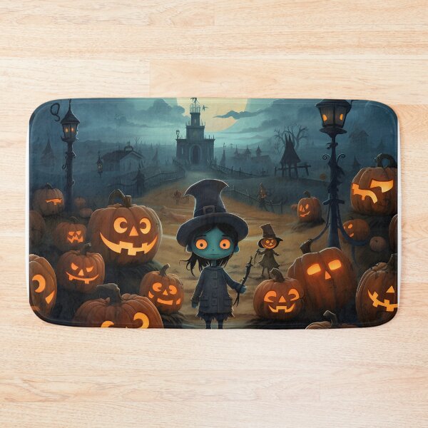 Item preview, A little girl in a witch costume standing in front of a graveyard with pumpkins designed and sold by Nickyayee.