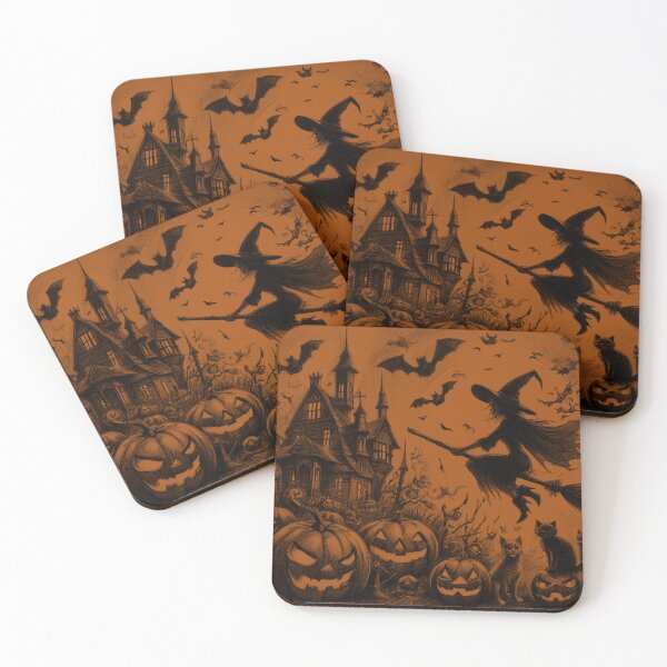 Item preview, Witch on a Broomstick Flying in front of a Haunted House designed and sold by CreativewithArt.
