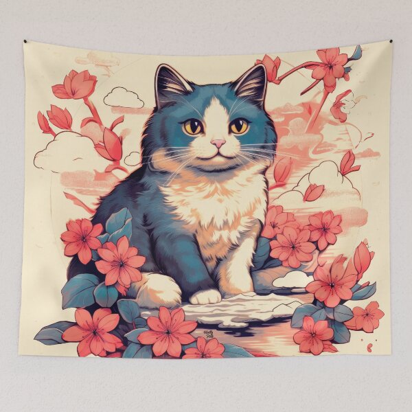 Item preview, cute cat in anime style among flowers designed and sold by WallyPink.