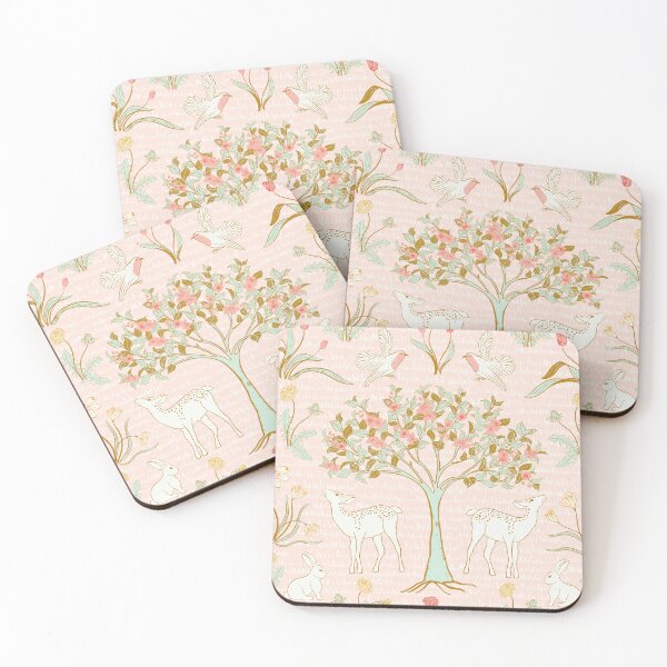Item preview, Woodland flora and fauna, Spring time Wonderland Delight with deers, bunnies, robin birds, tulips, dandelions, snow early crocus and Bloom blossom galore in pastel pink, mint, gold, cream, red, orange designed and sold by Jean-Pham.