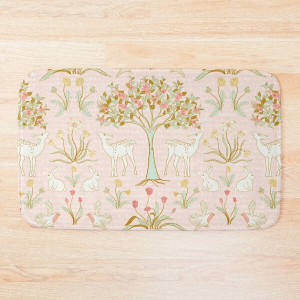 Item preview, Woodland flora and fauna, Spring time Wonderland Delight with deers, bunnies, robin birds, tulips, dandelions, snow early crocus and Bloom blossom galore in pastel pink, mint, gold, cream, red, orange designed and sold by Jean-Pham.