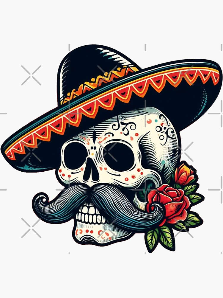 Big Mustache Sugar Skull with a Sombrero Dia de los Muertos