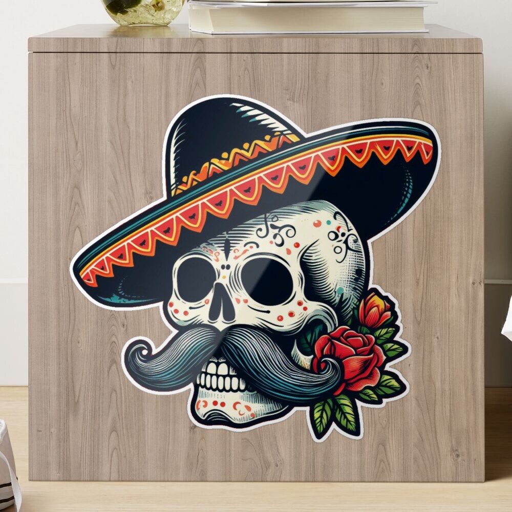 Big Mustache Sugar Skull with a Sombrero Dia de los Muertos