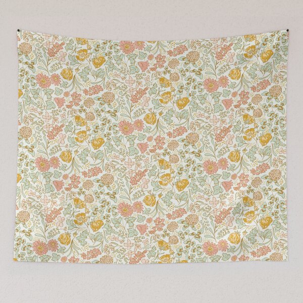 Item preview, Wildflower Meadow: Blossoms of Bluebells, Buttercups, and Clovers" Design for Dresses, Table Runners, and Throw Pillows in cream, pink, mint, gold, Liberty London style, ditsy florals designed and sold by Jean-Pham.