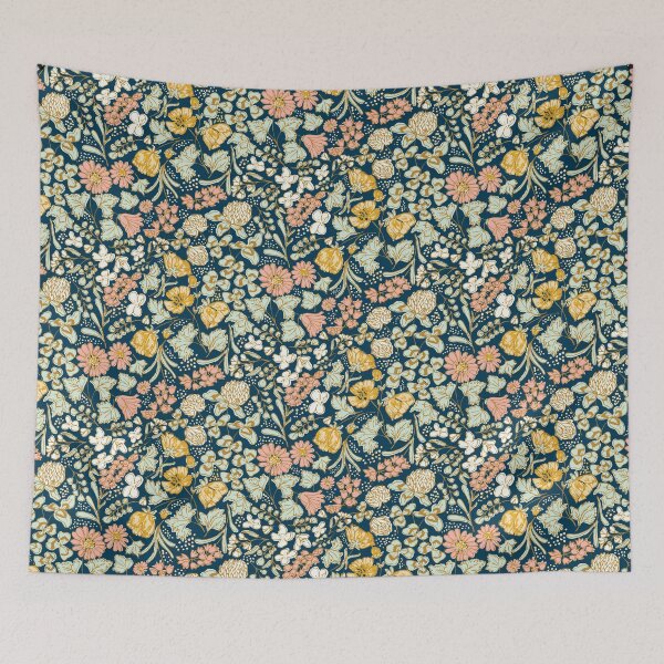 Item preview, Wildflower Meadow: Blossoms of Bluebells, Buttercups, and Clovers" Design for Dresses, Table Runners, and Throw Pillows in cream, pink, mint, gold, Liberty London style, ditsy florals designed and sold by Jean-Pham.