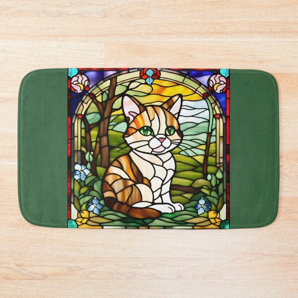Item preview, Mystical Stained Glass: Adorable Little Yellow Cat in a Garden of Green Grass and Flowers" designed and sold by branaghbel.
