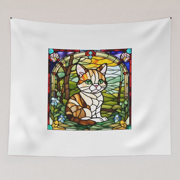 Item preview, Mystical Stained Glass: Adorable Little Yellow Cat in a Garden of Green Grass and Flowers" designed and sold by branaghbel.