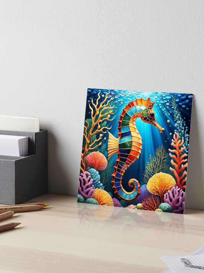 A stunning stained-glass/mosaic seahorse swims in the