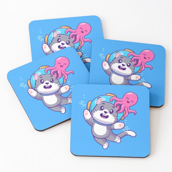 Item preview, Cute Cat Diving with Octopus Cartoon Vector Icon designed and sold by hjian8219.