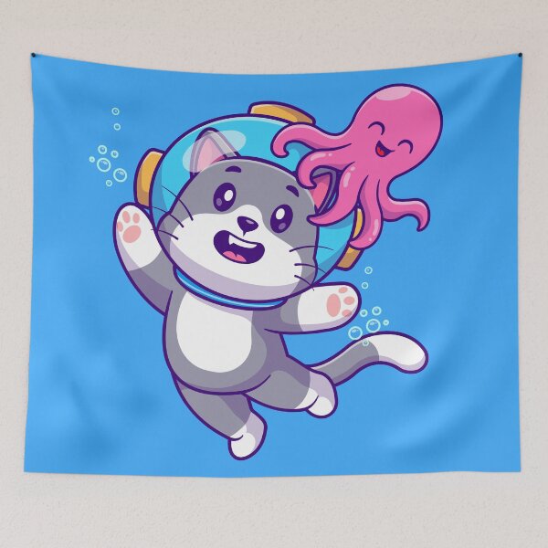 Item preview, Cute Cat Diving with Octopus Cartoon Vector Icon designed and sold by hjian8219.
