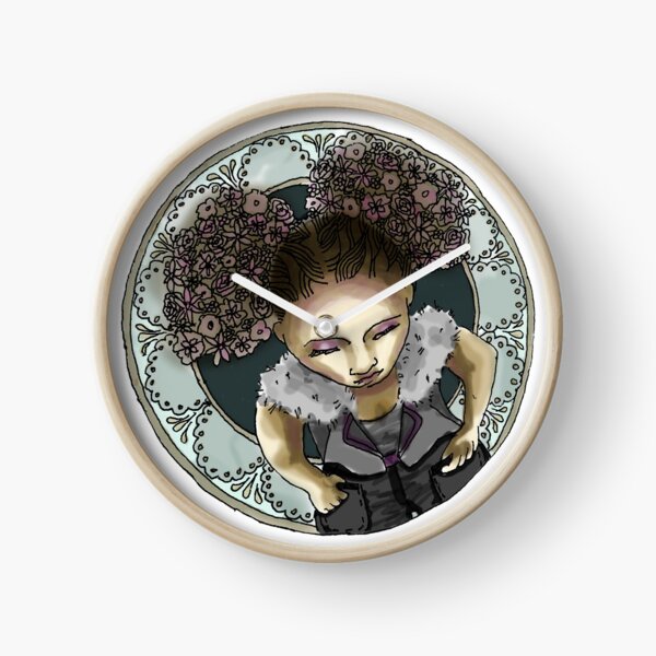 Afro Puff from above with Mucha Border - Purple and Teal Version Clock
