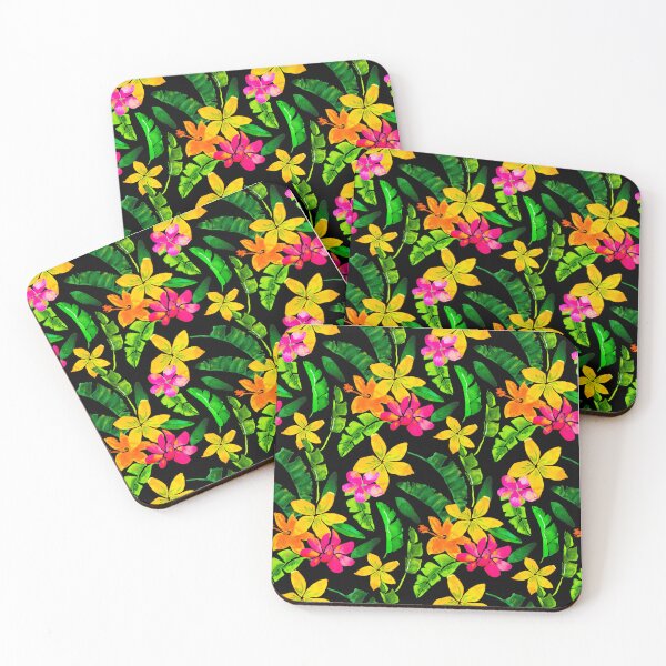 Item preview, Tropical Banana Leaf Hibiscus Pattern- black background designed and sold by KatrinMcgooganArt.