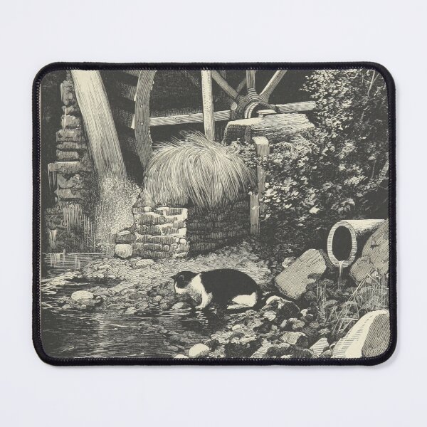 Item preview, Cat Down by the Old Mill Stream Vintage Drawing Black and White Antique Catlover Gift designed and sold by ElegantTeaTime.