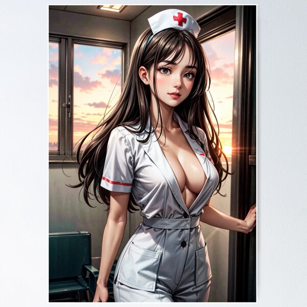nurses, Gentsuki, brunette, big boobs, red eyes, anime, anime girls,  digital art, artwork, 2D, portrait display, nurse outfit