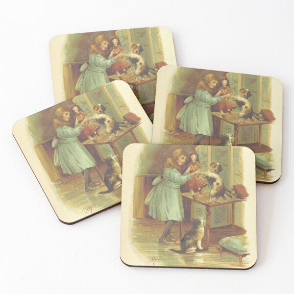 Item preview, Girl Teaching her Dog and Cat and Doll to Dance Vintage Watercolor Child Ballet Pets Gift designed and sold by ElegantTeaTime.
