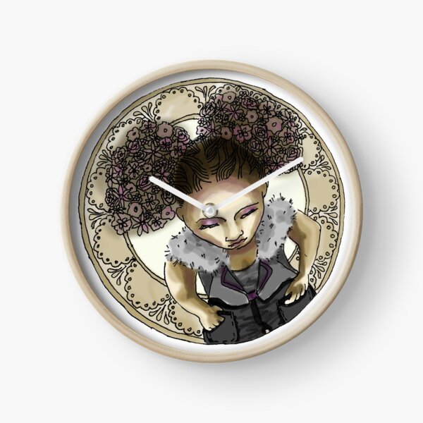 Afro Puff from above with Mucha Border - Golden Version Clock
