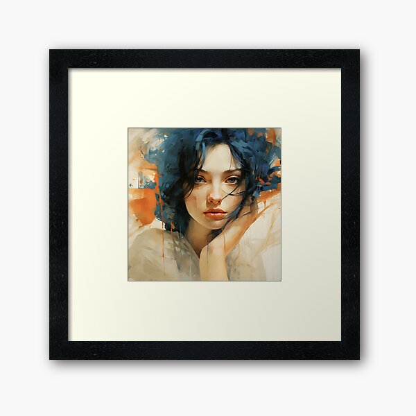 Item preview, Abstract Portrait of Woman with Blue Hair and Orange Lips designed and sold by inkArtistryfine.