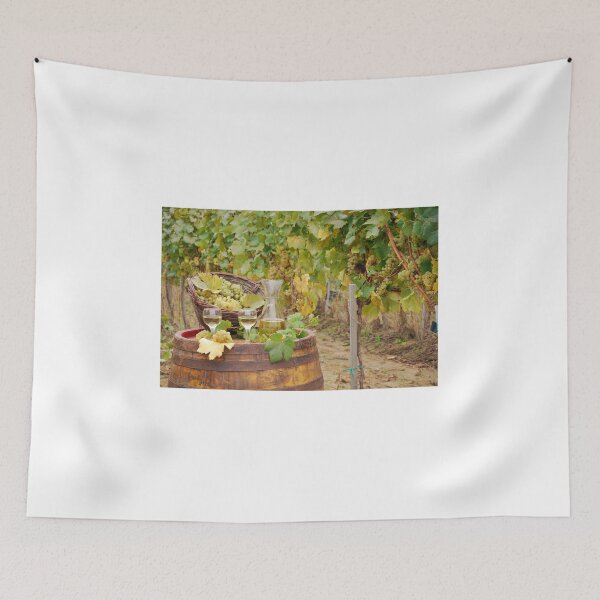 Item preview, white wine and grape on barrel in vineyard designed and sold by goceris.