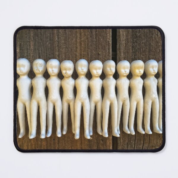 Item preview, Creepy Old Dolls Lined Up on Vintage Wood Background designed and sold by JimNEmDesigns.