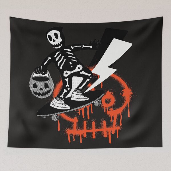 Item preview, Halloween skeleton skater trick or treat spray paint skull lightening designed and sold by VieBelieve.