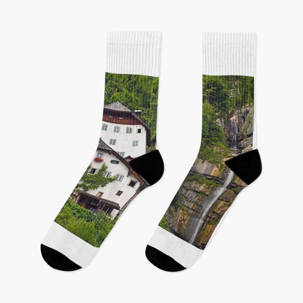 Item preview, house with flowers and waterfall in Hallstatt village Austria designed and sold by goceris.