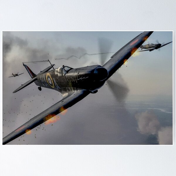 Aperçu de l'œuvre "Guns Blazing" - Peinture Digitale Fantastique de Spitfires dans Battle / Spitfire WW2 créée et vendue par Very Peculiar.