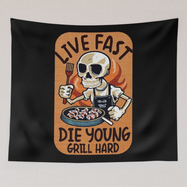 Item preview, FUNNY HALLOWEEN T-SHIRT. Skeleton making a barbecue with funny phrase. Retro costume gift idea designed and sold by BRINDELEGARD.
