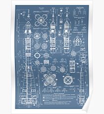 Weinlese Soyuz Rocket Blueprints Russischer Sowjet-Ära-Raum Poster