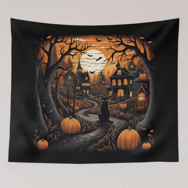 Item preview, Vintage Autumn Haloween Scene Black Cat Halloween Occult  designed and sold by GrinGalore.