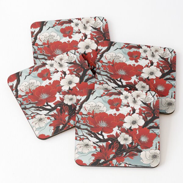 Item preview, cherry blossoms, sakura, japanese, floral, kimono, Japan, spring, white, gray, red designed and sold by KsaveraArt.