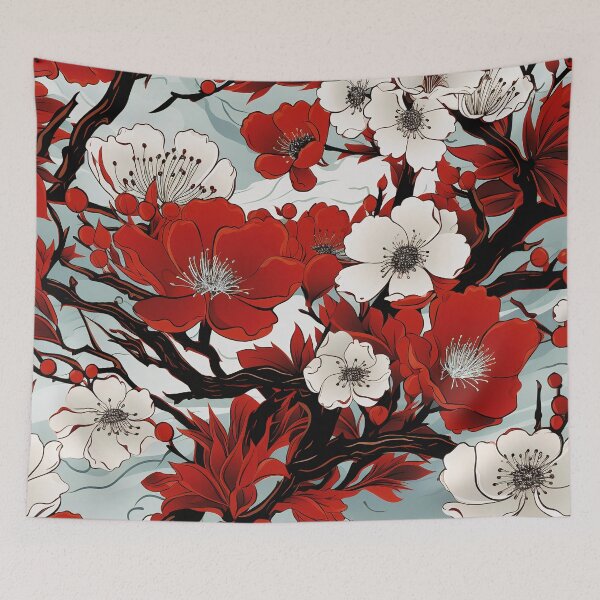 Item preview, cherry blossoms, sakura, japanese, floral, kimono, Japan, spring, white, gray, red designed and sold by KsaveraArt.