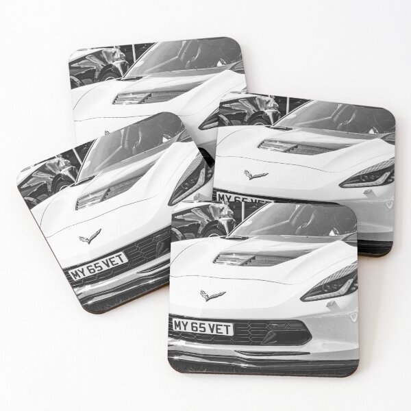 Item preview, Black and white image of the front of a white Chevrolet Corvette on display designed and sold by Graham Cornall.