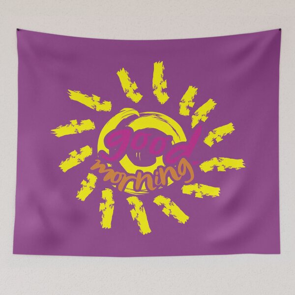 Item preview, Good morning, orange and pink handwritten letters, greeting the day, on the background of a yellow sun designed and sold by SplashTastic.
