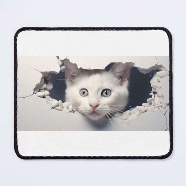 Item preview, White cat looks through a breakthrough in a white wall designed and sold by Matthias Hoch.