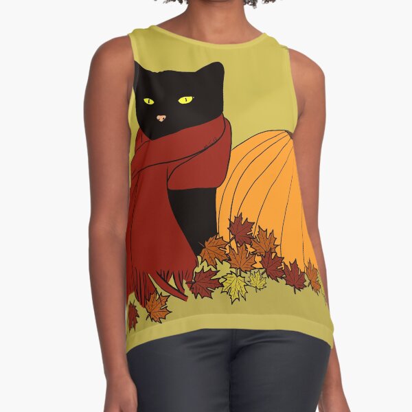 Fall Black Cat in Red Scarf With Pumpkin Sleeveless Top