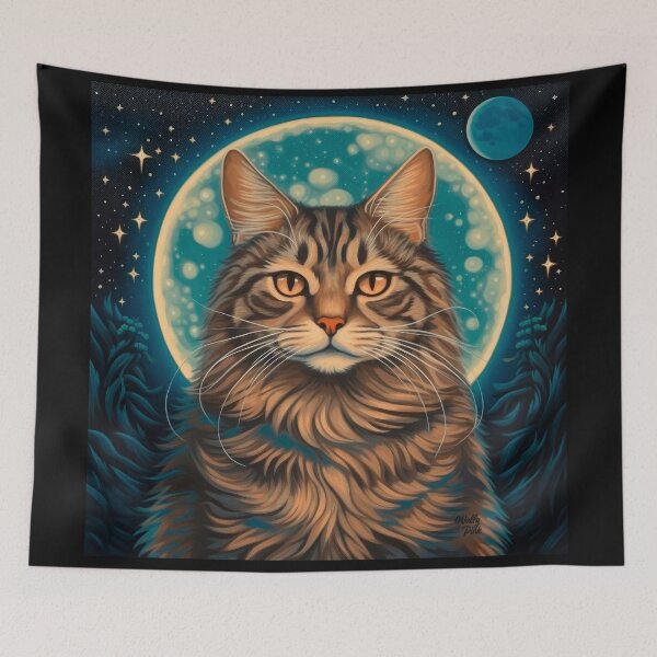 Item preview, the full moon cat mystical cat with full moon in the background designed and sold by WallyPink.