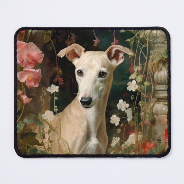Item preview, Whippet dog in old romantic garden, dog portrait designed and sold by WallyPink.