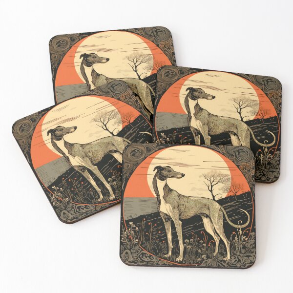 Artikelvorschau, stehender Whippet Hund im romantischen Vintage Holzschnitt Stil entworfen und verkauft von WallyPink.
