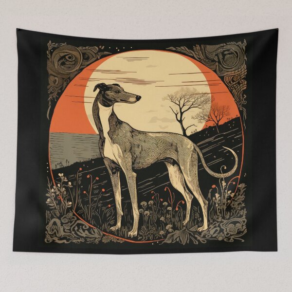 Item preview, standing whippet dog in romantic vintage woodcut style designed and sold by WallyPink.