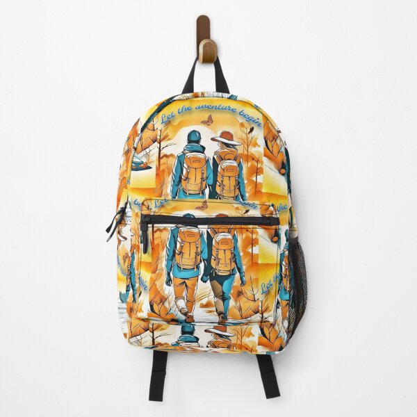 Item preview, Couple of hikers - adventurers seen from behind, well equipped, walking together towards their future destination; slogan at the top of the image Let the adventure begin designed and sold by Creativesphotos.