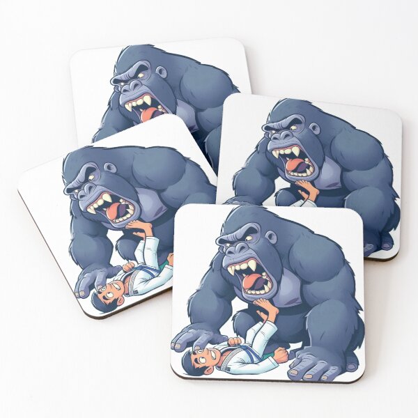 Item preview, Gorilla Fighting a BJJ man in white GI cute cartoon style designed and sold by Martial-Art-23.