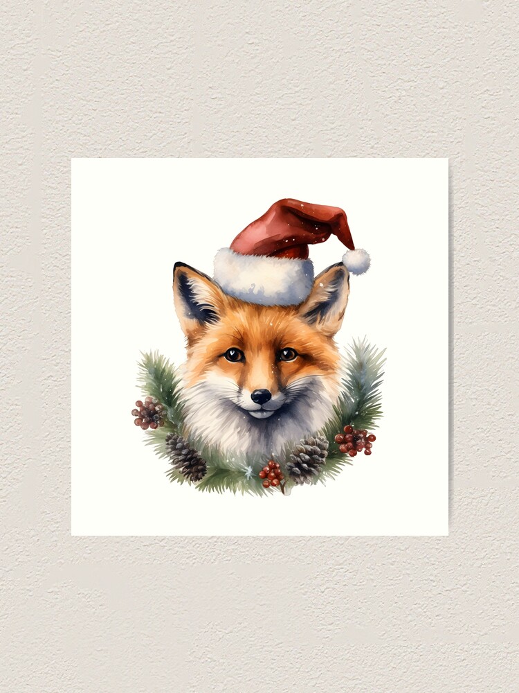 Wall Art Print, Cute christmas watercolor fox.